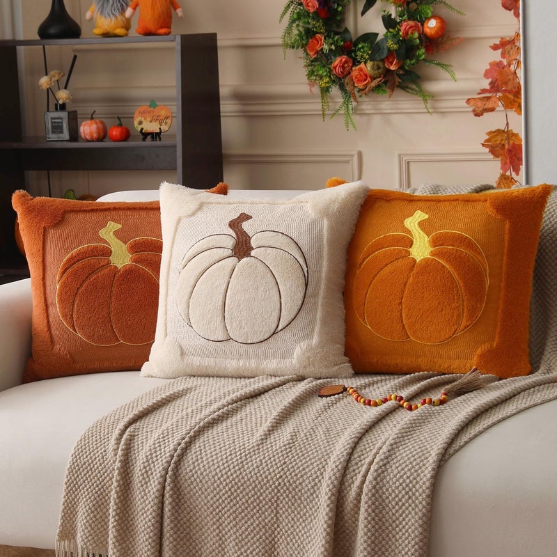 Allorry Fall Pillow Covers 20x20 Set of 2 Fall Beige Pumpkin Embroidery Throw Pillow Covers Soft Plush Faux Fur Cushion Covers for Sofa Bedroom Living Room Autumn Thanksgiving Home Decor PT-010A20 - Image 5